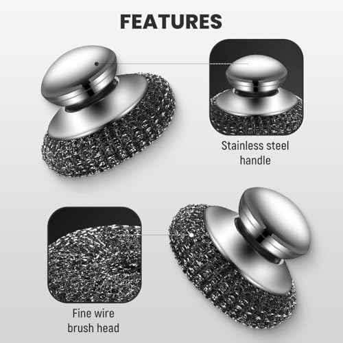 2025 Heavy Duty Stainless Steel Wool Scrubber with Handle for Cleaning Pots, Stoves & Kitchen Sink
