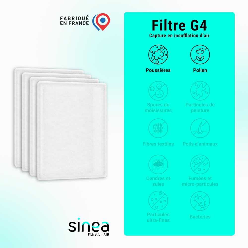 TOP FILTRE - Lot de 4 Filtres G4 Compatibles VMC Double Flux SAUTER Gorner, Medven et ATLANTIC Primocosy/Primocosy HR – Dimensions 255 x 191 x 6 mm