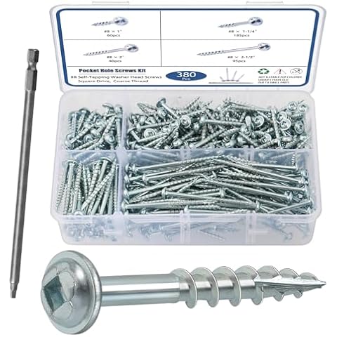SATANTECH Pocket Hole Screws Assortment Kit, 380Pcs in 4 Sizes #8 x 1, 1-1/4", 2", 2-1/2", Coarse Thread Wood Screws with Square Drive, Zinc Plated Pocket Screws, Self Tapping, Drive Bit Included Cover