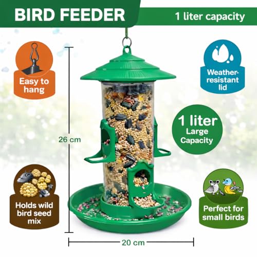 Image of Bird Feeder for Balcony & Garden, 1L Large Capacity Hanging Bird Feeder, Weather Resistant Seed Feeder with Tray for Sparrows & Small Birds - BirdShala