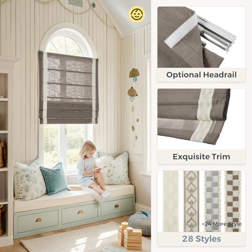 Image of TWOPAGES Liz No Drill Cordless Roman Shades Linen Textured Roman Blinds for Windows, Custom Made Room Darkening Blackout Roman Window Shades, Hardware Included, Rust Brown, 1 Piece
