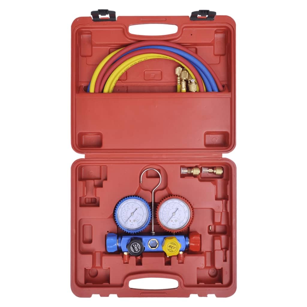 4-Wege-Monteurhilfe Set für Klimaanlagen, Kfz-Kältemittel-Manometer mit 4 Schläuchen, Klimaservice-Werkzeug für R134a R410a R22 R407c, Inklusive Transportkoffer