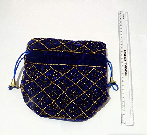 velvet Blue fabric wedding potli for ladies for women handbags traditional Indian Wristlet with Drawstring Ethnic Embroidery Women Fashion Potli - Image 4