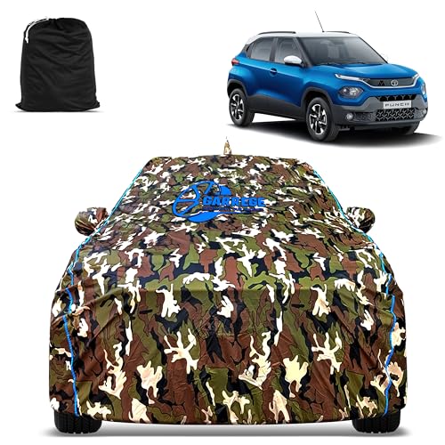 Image of Waterproof Car Body Cover Compatible for Tata Punch with Mirror Pocket and Back Side Antenna Pocket, Triple Stitched (Dynamite Jungle Print with Blue Piping Design)