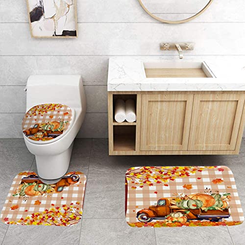 Fall Pumpkin Truck Shower Curtain Set, Autumn Farmhouse Bathroom Curtain With Non-Slip Rug, Toilet Lid Cover And Bath Mat, Fallen Maple Leaves Orange Thanksgiving Home Decor With Hooks, 72 X 72 Inch #TOP5