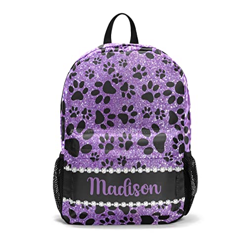 Dog Paw Purple Glitter Print Personalized Backpack Custom Text Unisex Bookbag for Boy Girl Travel Daypack Bag Purse 17.7 IN(CBR3040)