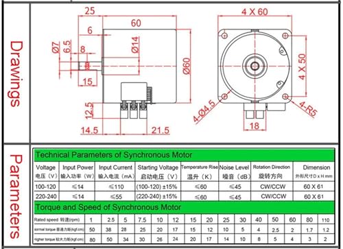 Moteur synchrone 60Ktyz 220V 15RPM aimant permanent 14W AC - 6