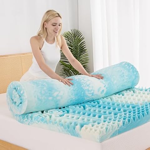 EGOHOME 5-Zone Memory Foam Mattress Topper 4 Inch Queen, Cooling Gel Infused Foam Mattress Topper for Pressure Relief, CertiPUR-US Certified Bed Topper,Blue, 60"×80" Cover