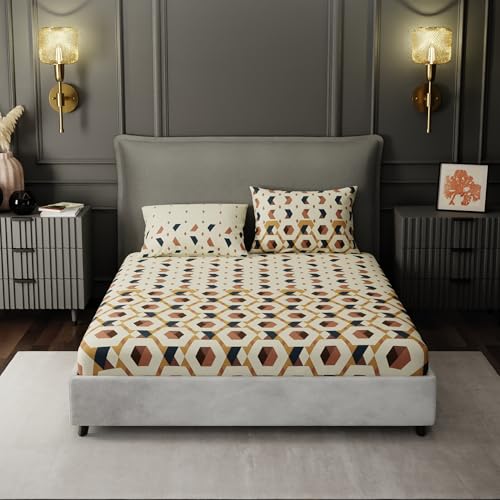 Image of BLISSHOME SoftTouch 150TC Cotton King Size Fitted Bedsheet with 2 Pillow Covers, Silky Smooth Bedding Set, Breathable, Easy Maintain, Geometric Pattern - Beige (183cm x 198cm + 25cm Drop)