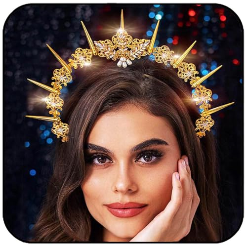 Formery Spikes Mary Halo Crown Gold Rhinestone Stars Goddess Headband Halloween Sun Halo Headpiece Accessories for Women