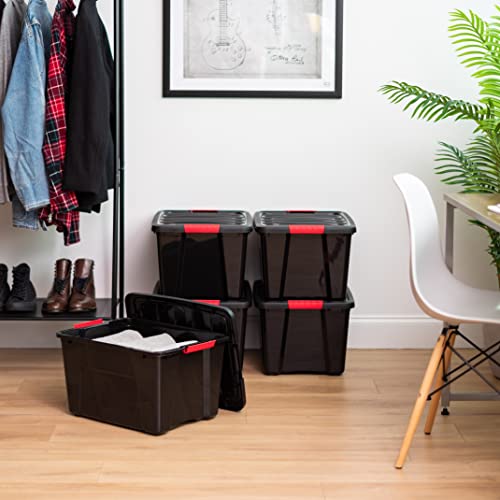 Image of IRIS USA 40 Qt Stackable Plastic Storage Bins with Lids, 4 Pack - BPA-Free, Made in USA - Garage Organizing Solution, Latches, Durable Nestable Containers, Secure Pull Handle - Black