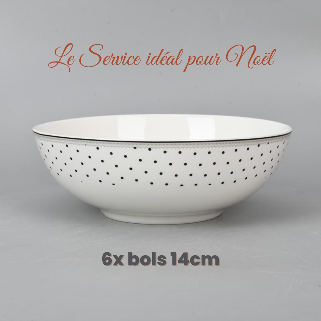 Service de table de Noël complet en porcelaine pour 6 personnes - 26 pièces : 6 grandes assiettes, 6 trous, 6 bols, 1 assiette de viande, 1 saladier