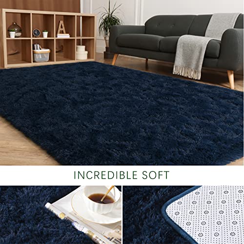 HOMORE Luxury Fluffy Area Rug Modern Shag Rugs for Bedroom Living Room, Super Soft and Comfy Carpet, Cute Carpets for Kids Nursery Girls Home, 4x6 Feet Navy