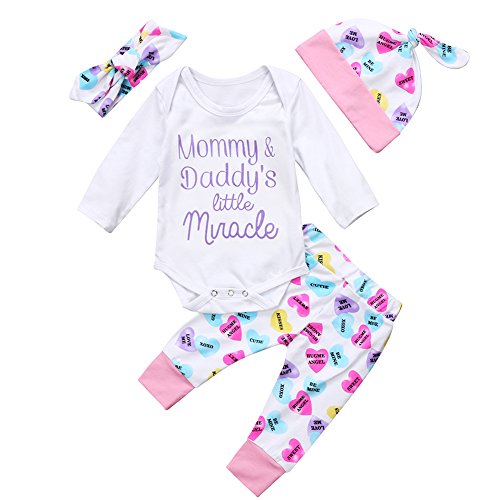 Baby Girls Cute Mommy Daddy's Miracle Clothes Bodysuit Heart Pants Headband Hat Outfits Set (12-18 Months, Mommy Daddy's Little Miracle)