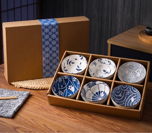 Image of Premium Ceramic Bowl Japanese Style Porcelain Rice, Soup & Dessert Bowls - Assorted Floral & Wave Patterns - Microwave & Dishwasher Safe - Gift Box Packaging (Blue & White Printed, PACK OF 6)