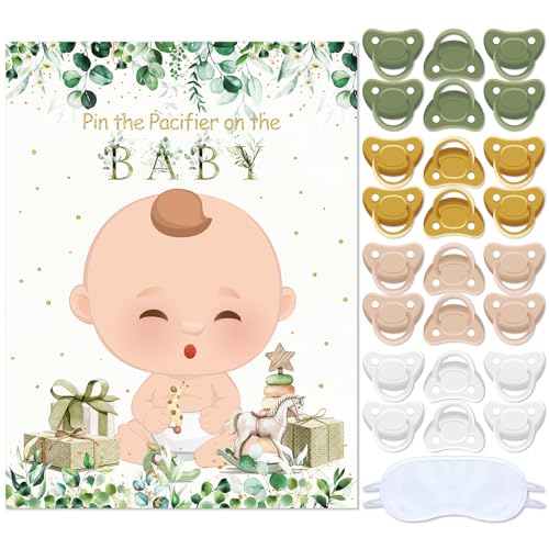 Sinmoe Juegos de Fiesta Pin the Pacifier on the Baby Decoración de Baby Shower de Verde Salvia Set de Carteles Ponle el Chupete al Bebé con 24 Pegatinas de Chupete Venda de Ojos para Cumpleaños Niños