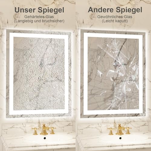 furduzz Badezimmerspiegel mit Beleuchtung, 60x45cm Badezimmerspiegel mit Touch Schalter, Led Spiegel Vertikal und Horizontal Montage, 3 Lichtfarben dimmbar, Antibeschlag 3