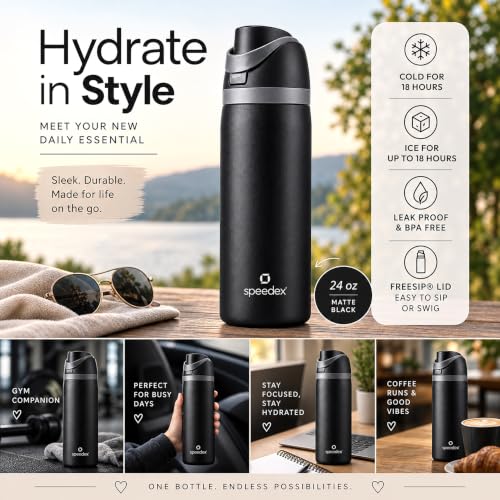 Image of Speedex Coral 1000 Stainless Steel Vacuum Insulated Water Bottle 950ml | Thermosteel Flask | Hot 18Hr Cold 24Hr | Flip Straw Lid Sipper | Kids Boys Girls Men Women Office School Gym Travel | Black