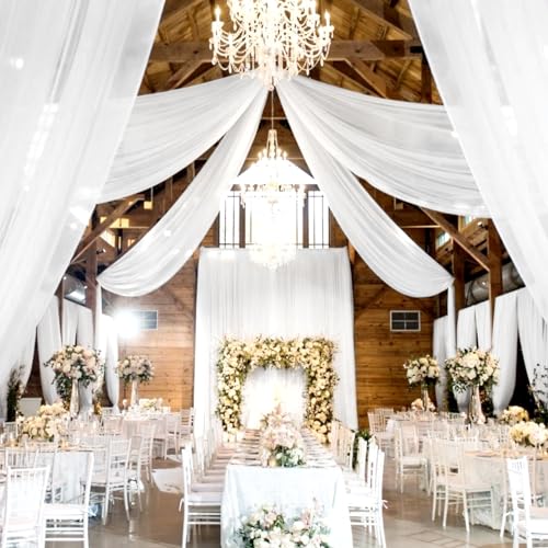4 Panels White Wedding Ceiling Drapes 5ftx40ft Ceiling Drapes Chiffon Fabric Arch Draping Sheer Curtains Soft Drapery Draping Wedding Ceiling Decorations for Party Ceremony Stage Swag