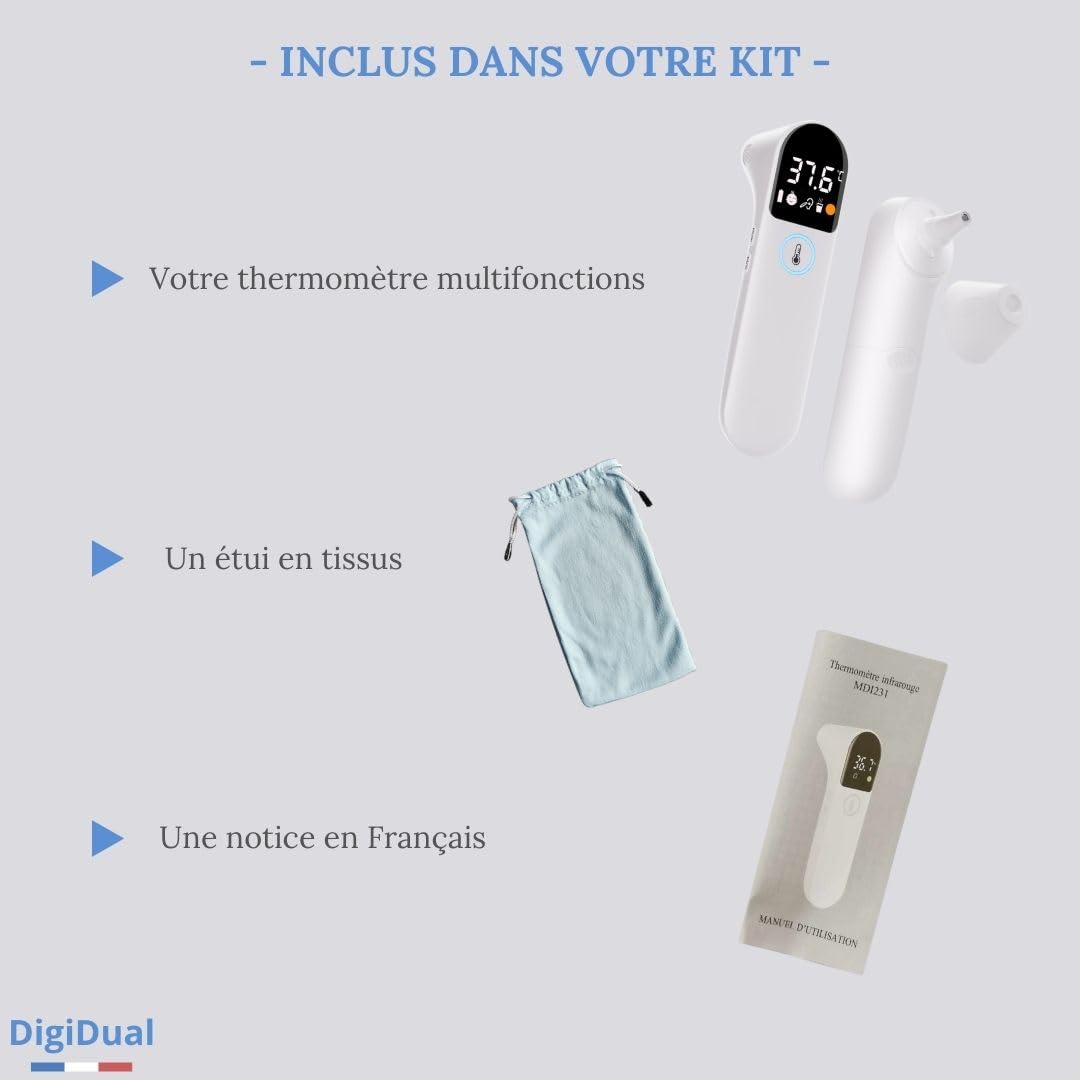 DigiDual Thermomètre Infrarouge Médical Auriculaire et Sans Contact – Certifié CE IEC 60601‑1, Précis & Rapide, Pour Toute la Famille, Notice FR incluse