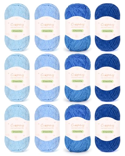 Image of Coopay Skinny Chenille Yarn for Crocheting and Knitting, 12 Pack of 50g /1.76oz - 1764yd Total, Soft Velvet Yarn of Baby Weights - Suitable for Baby Blankets, Plush Toys - Super Soft (Blue Gradient)