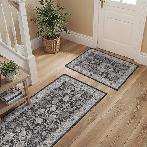 Kitchen Sink Rugs Set 0f 2: Washable Non-Slip Hardwood Floor Mat for Stove Dishwasher Fronts Soft Stain Resistant Carpet for Cooking Area & Fridge Boho Home Decor for High Traffic Area(2x3+2x4,Black)