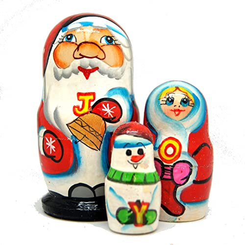 “Joy” Santa 3-Nest Doll Russian Matryoshka Wooden Stacking Nested Dolls Wooden Handmade Toys Gift for Children Christmas Mother’s Day Birthday Home Decor Wishing Gift 110153