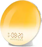 Relógio de alarme nascer do sol, luz de despertar com simulação do nascer do sol/pôr do sol, alarmes duplos com rádio FM, 7 sons naturais e soneca, luz noturna de 7 cores, alarme digital