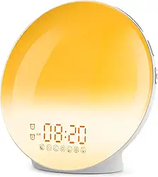 Relógio de alarme nascer do sol, luz de despertar com simulação do nascer do sol/pôr do sol, alarmes duplos com rádio FM, 7 sons naturais e soneca, luz noturna de 7 cores, alarme digital