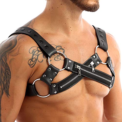 ACSUSS Men's Sexy Black Leather Punk Half Harness Adjustable X-shape Body Chest Belt2