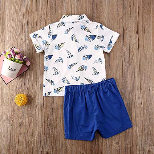 Kids Baby Boy Cartoons Short Sleeve Button Down Shirt Dress Tops And Shorts Pants Casual 2Pcs Summer Set (Blue Sailboat, 2-3 Years) #TOP2