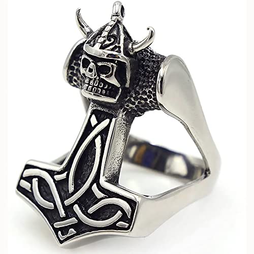 NJKM Nórdica mitología Mjolnir-Thor's Hammer de Acero Inoxidable de Acero Inoxidable Partido Rider Punk Band Retro Demon Skull Amuleto Joyería Personalidad Anillo Hombres Mujeres Amigos Regalo Cover