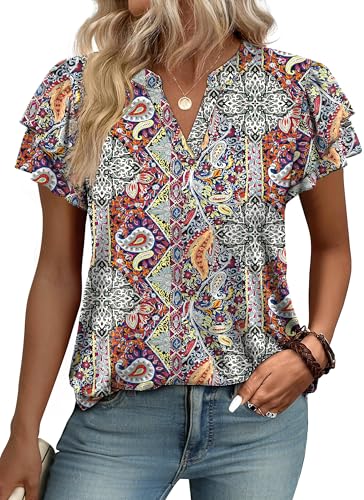 Boho Tops for Women Boho Chic Clothing Blouses for Women Dressy Casual Cowboy Chic Cowgirl Western Outfit Flutter Sleeve Tops XL