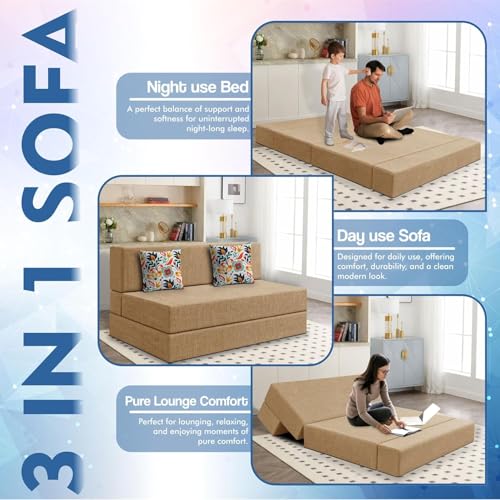 Image of Los Angeles Foldable 2 Seater Sofa Cum Bed, Sofa Bed 4X6 Feet Jute Fabric Washable Cover- Including Cushion Perfect for Living Room