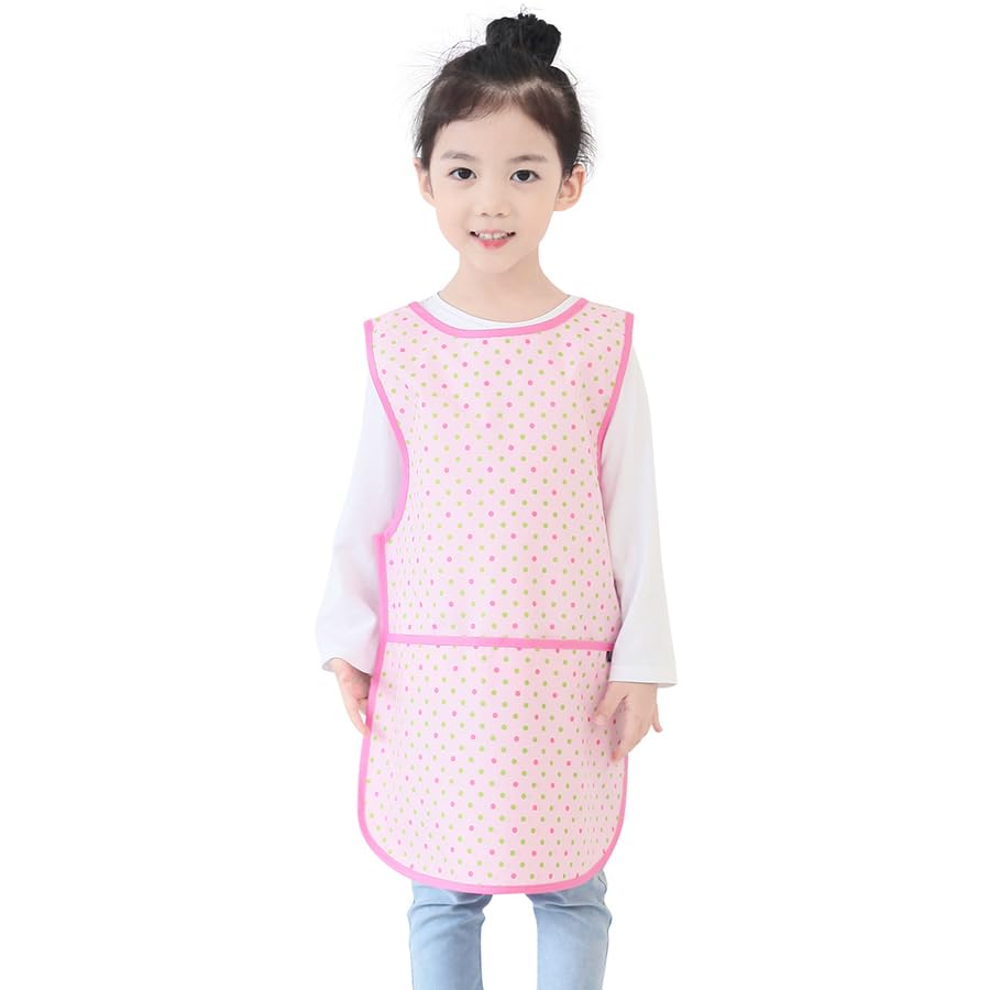 Kids Waterproof Art Tabard | Sleeveless Messy Play Painting Smock for Toddlers | Size SโXL | Kids Artist Apron for School, Daycare, Crafts, Pink&Green Dot (29-M) โ image 1