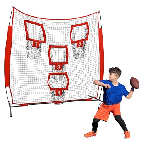 Liffshsy Football Target Net, 7x7ft Football Training Throwing Net w/4 Target Pockets Football Target w/Storage Bag Soccer Training Equipment, Football Launcher Football Nets for Throwing (Red)