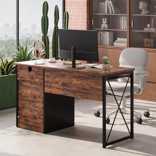 Image of Bestier 47 inch Computer Desk with Drawers, Home Office Desk with Keyboard Tray, Reversible Industrial Office Desk with Storage Cabinet for Small Space Home Office & Studio, Rustic Brown | Storage Drawer, File Drawer Letter /Legal, Keyboard Tray, Cable Management, Reversible, 150 Lbs, P2 Board