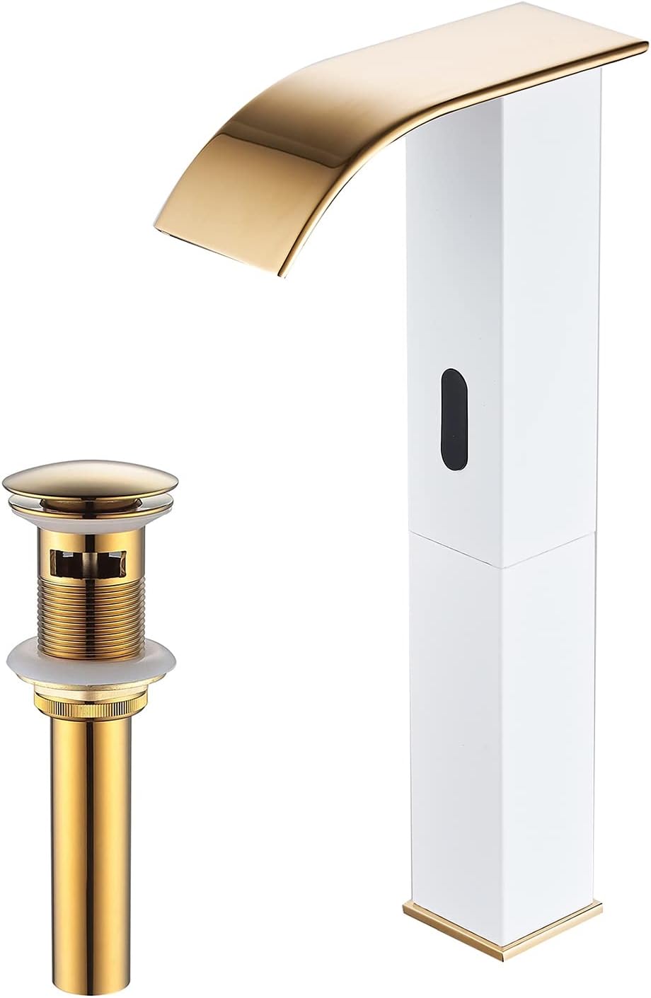 Touchless Bathroom Vessel Faucet Electronic Sensor Automatic Waterfall White Gold with Overflow Drain Stooper