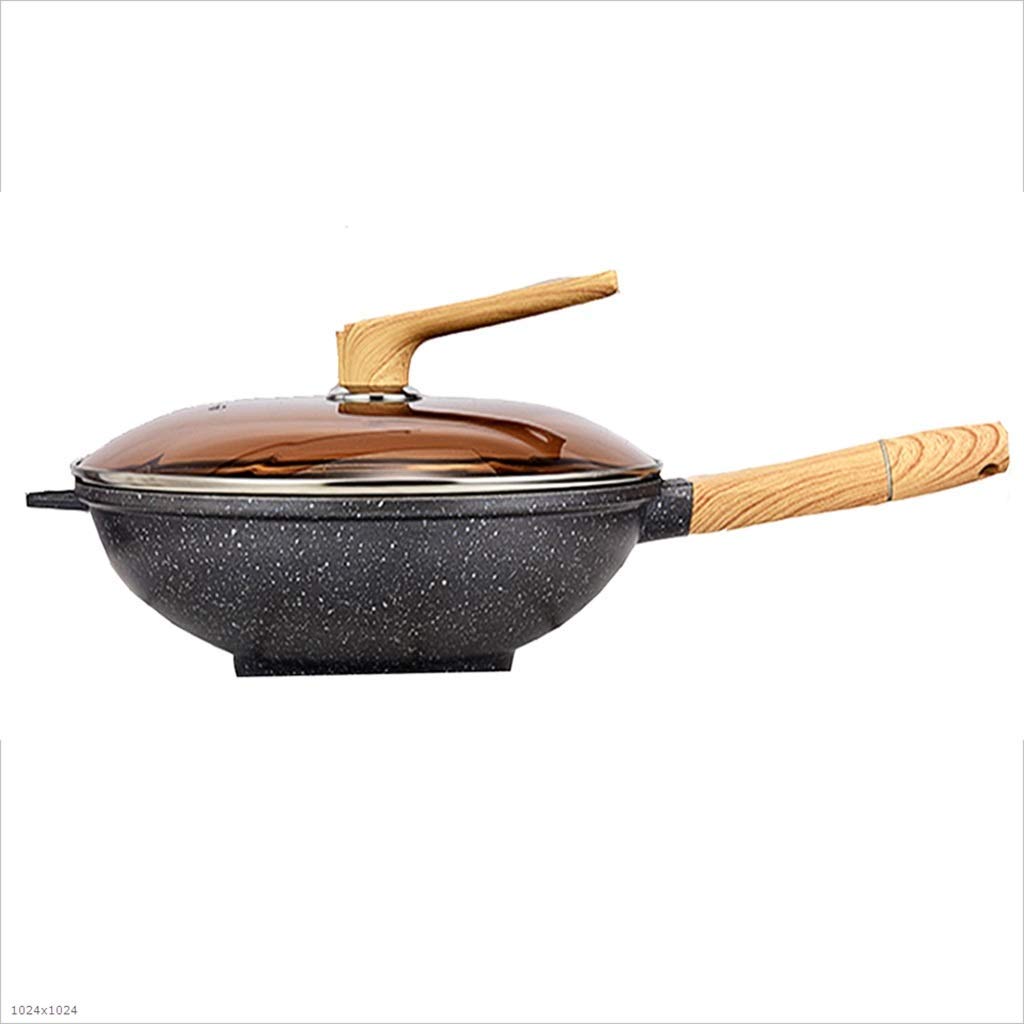 Wok en pierre de Maifan antiadhésif noir de 32cm à fond rond pour gaz et induction