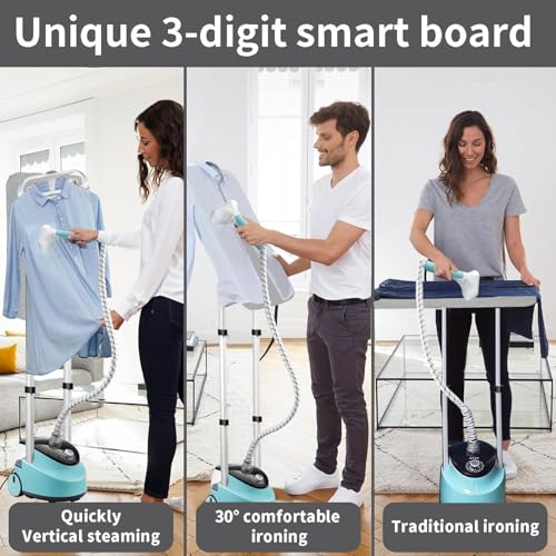 Image of Standing Garment Steamer, 2000W Vertical Clothes Steam Iron Standing Garment Steamer With Height Adjustable Steamer And Built-in Ironing Board, Large Water Tank- Blue Color