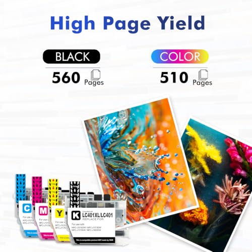 Image of LC401XL MFC-J1010DW LC401 Ink Cartridges for Brother Printer MFC J101DW | Compatible for Brother LC401XL 401 MFC-J1010DW MFC-J1170DW MFC-J1012DW MFC-J1800DW J1010DW - 4 Pack Black Cyan Magenta Yellow