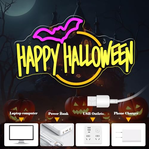Image of Happy Halloween Neon Sign Bat LED Light Up for Bedroom Home Bar Halloween Decor Trick or Treat Party Backdrop USB Powered