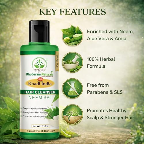 Image of Bhudevam Natural Khadi Neem Sat Shampoo Nourishing Herbal Blend for Strong & Shiny Hair | Neem sat shampoo Hair Fall Control & Anti Dandruff | Soothe Scalp & Reduce Dandruff - Organic Herbal Formula | Suitable for All Hair Types- Pack of 2