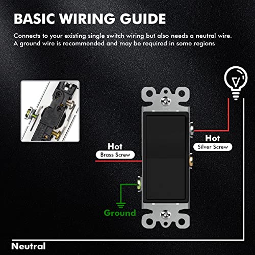 Decora Light Switch Black, Single Pole Paddle Rocker Residential Grade 3 Wires Grounding Screw 15A 120V/277V Ul Listed Micmi (Single Pole, With Wallplates 10 Pack) #TOP3
