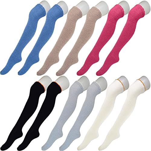 6 Pairs Fluffy Over Knee Socks, Classic Knee Thigh High Sock, Soild Color Over Knee Leg Warmer Winter - Main Image