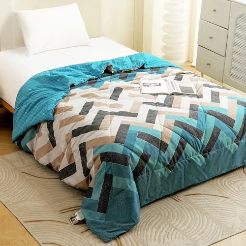 Image of Ac Comforter Single Bed Boho with Satin Finish 240 GSM - Reversible AC Comforter -Cyan Blue & White, Geometric Comforter Quilt Duvet Dohar Blanket for Summer 150 X 225 cm