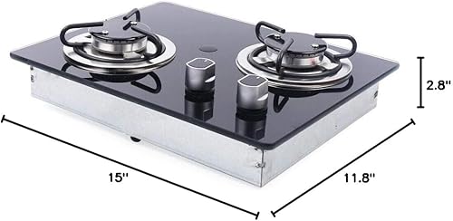 Miniatura 8 de Estufa de gas de 2 quemadores de 15 pulgadas, estufa de gas con panel de vidrio templado negro, estufa de gas para encimera de GLP integrada,