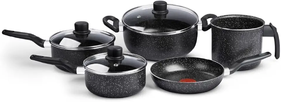 Jogo de Panelas Rochedo Stone Pro 5 peças, Preto com Efeito Pedra e Antiaderente Minerium, Cabos Ergonômicos, Base de Limpa Fácil e Distribuição Uniforme de Calor