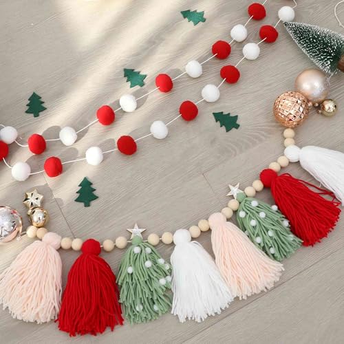 Christmas Banner Wood Bead Tassel Garland and Red White Pom Pom Garlands Wall Hanging Home Decor for Party Decoration