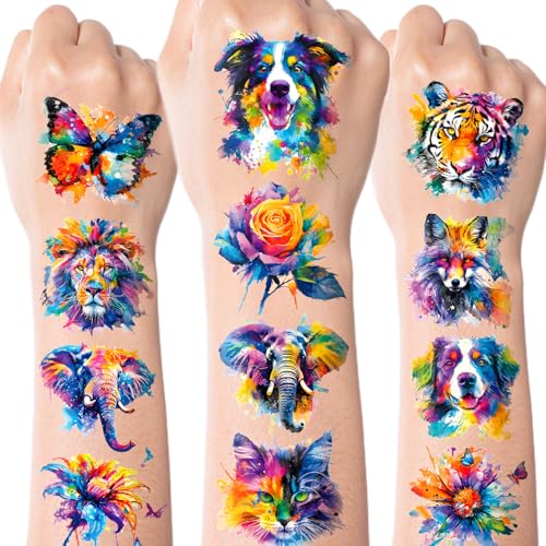 Aresvns Watercolor Cute Animal Temporary Tattoos for Kids, 117 Patterns Kawaii Lion Dog Wolf Owl Butterfly Tattoo Tiny Tattoo for Birthday Party Decoration Supplies Summer Accessories